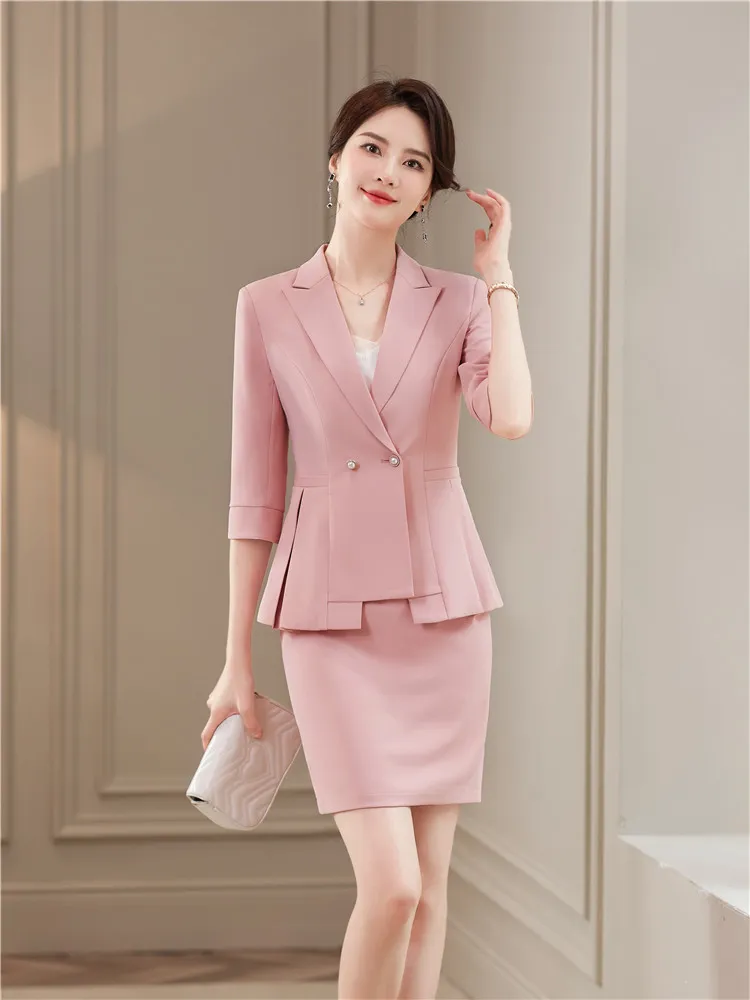 Women-s-Suits-Skirt-2-Piece-Sets-Summer-Clothes-Thin-7-point-Sleeve-Chic-Elegant-Pink